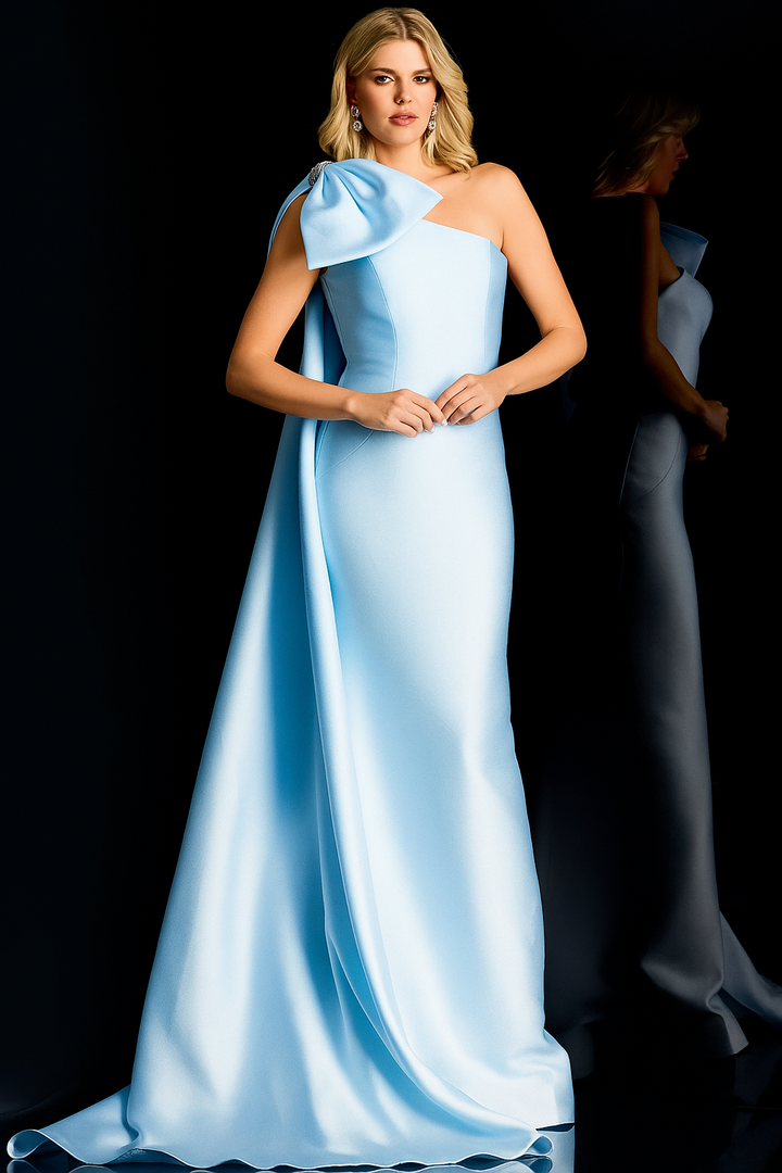 One-Shoulder Satin Gown with Bow Detail | Jovani 48677
