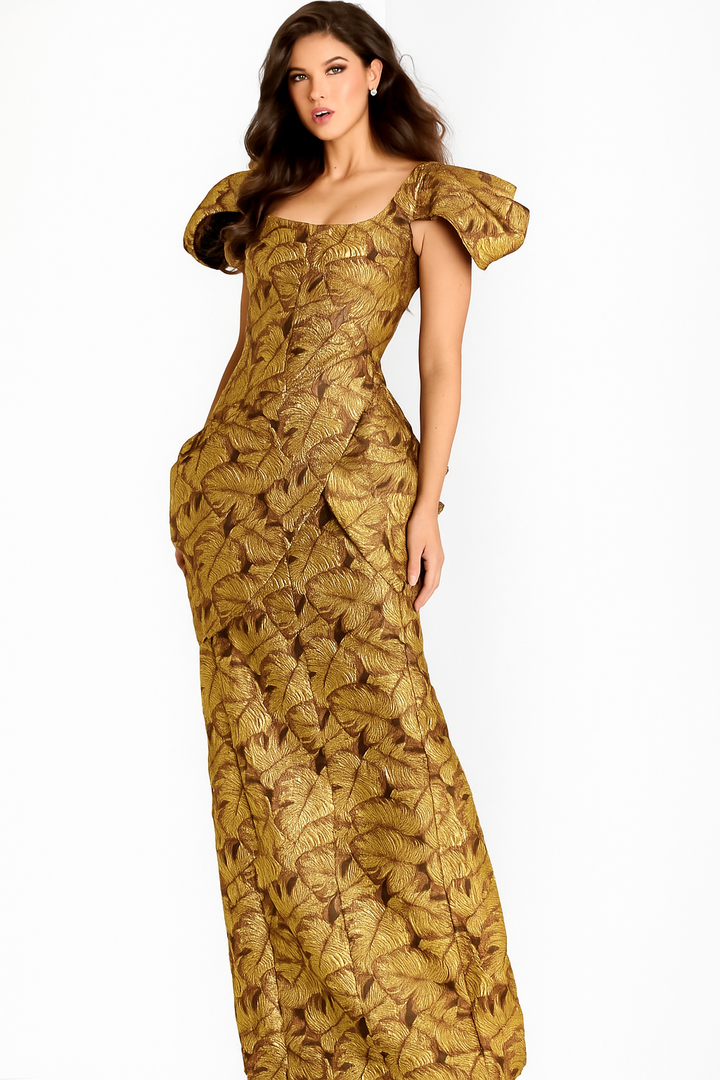 Metallic Jacquard Structured Shoulder Gown | Jovani 46273
