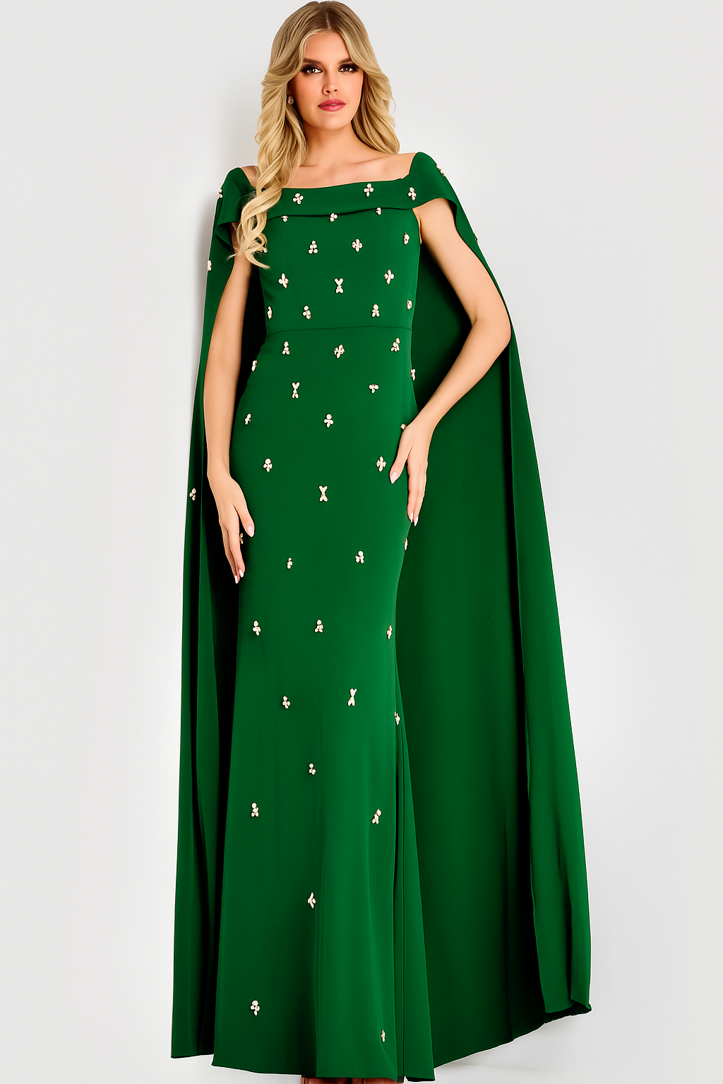 Embellished Cape Shoulder Evening Dress | Jovani 44575