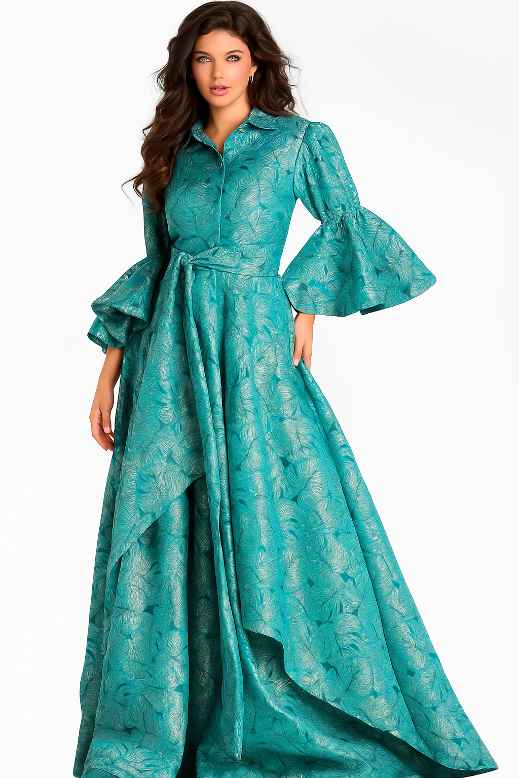 Brocade Belted Gown With Flared Sleeves | Jovani 46287