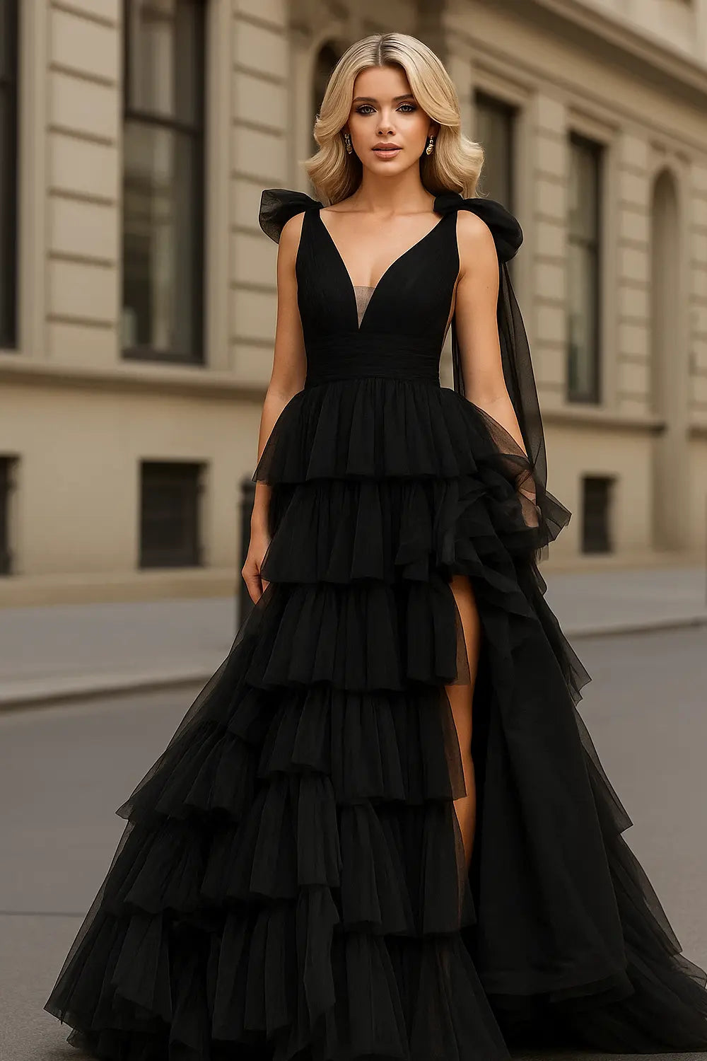 knee length dresses for ladies A-Line V-Neck Sweep Train Pleated Tiered Black Tulle Prom Dresses US0 / Custom Color