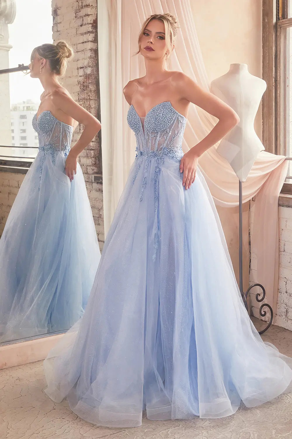 LT blue colour Strapless Layered Tulle Ball Gown | Ladivine CD0230