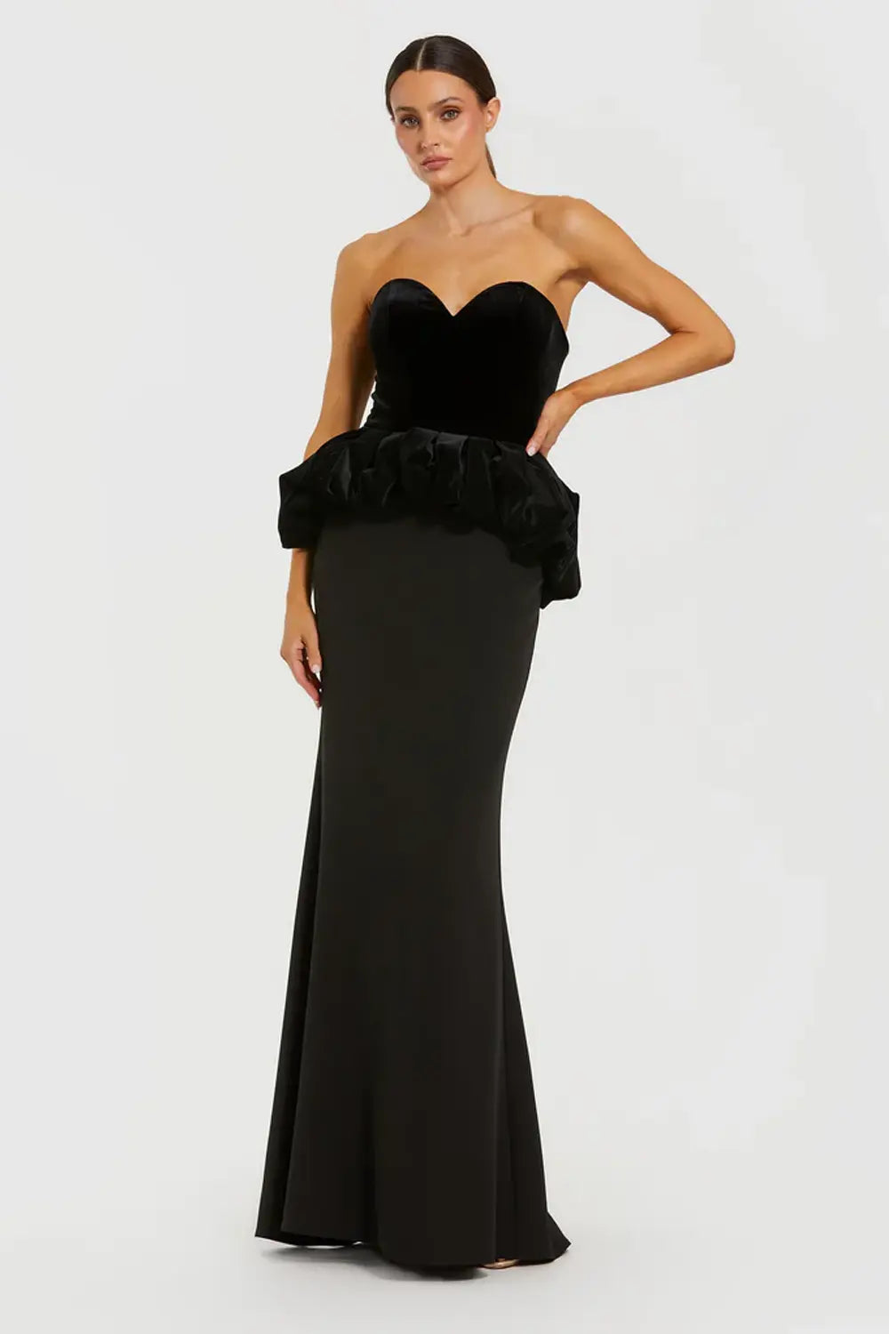 Strapless Black Velvet Peplum Gown | Mac Duggal Dress 21145