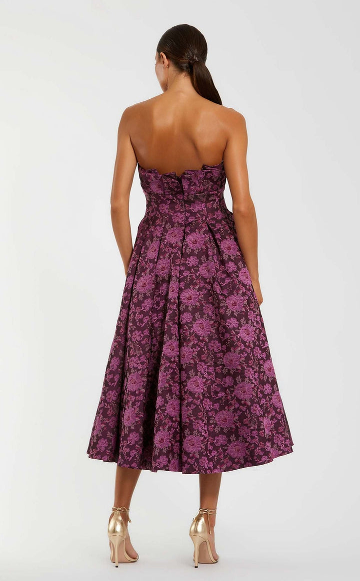 Mac Duggal 56159 strapless floral brocade A-line midi dress in magenta multi