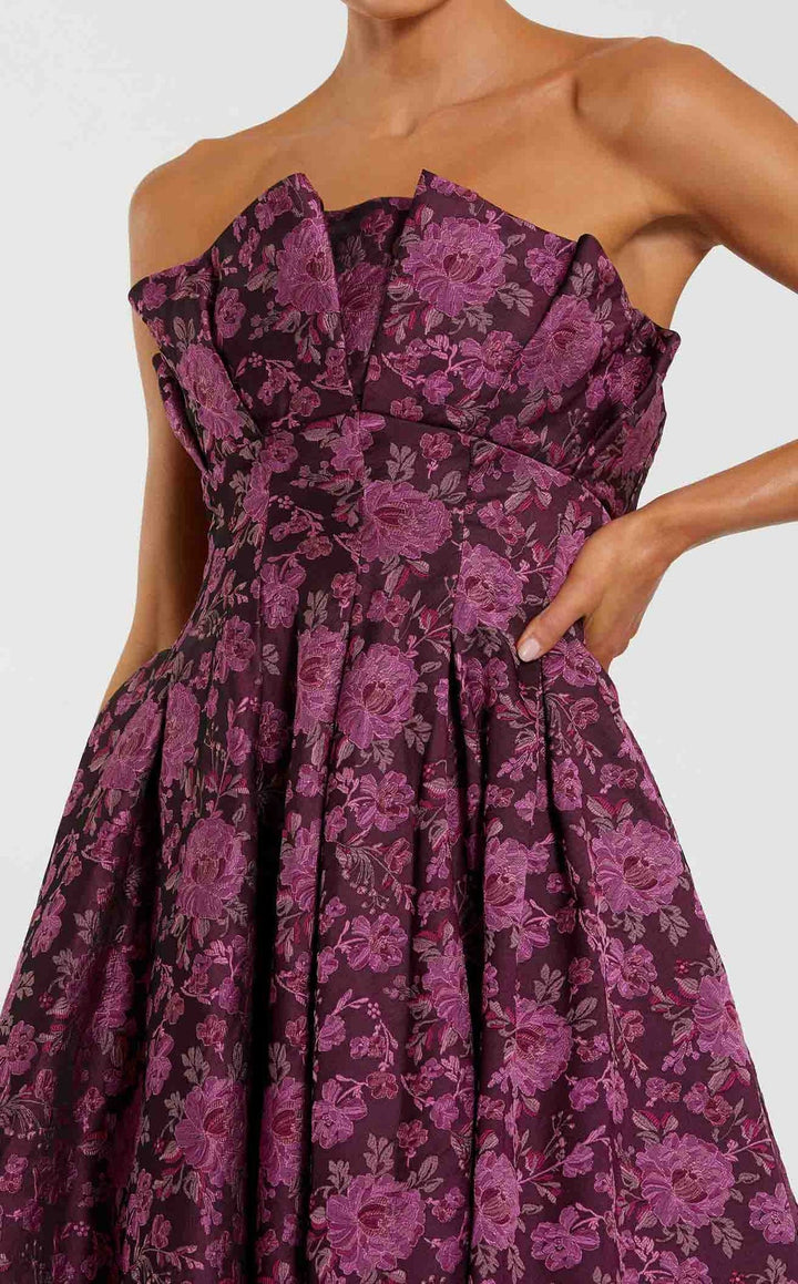 Mac Duggal 56159 strapless floral brocade A-line midi dress in magenta multi