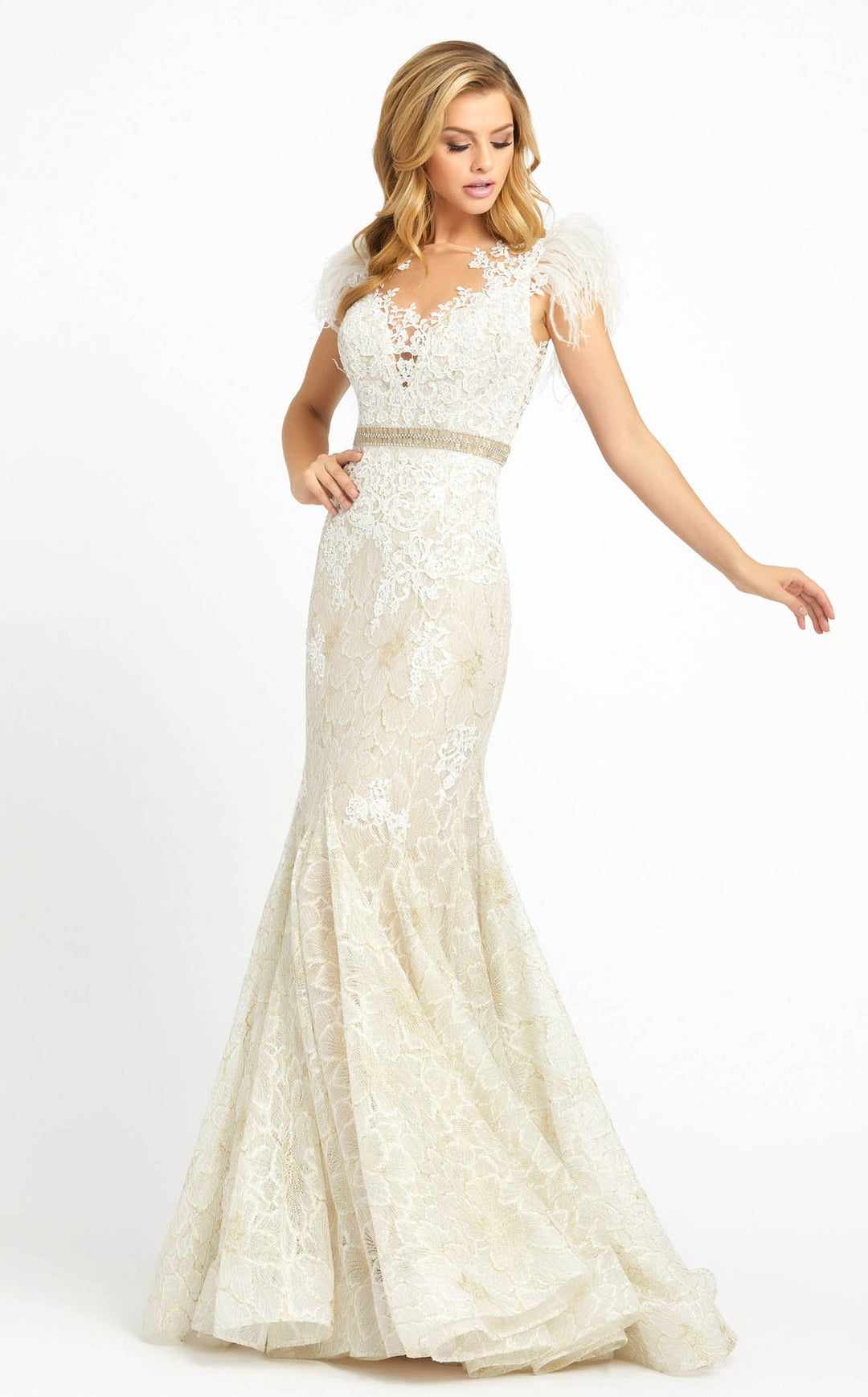 Mac Duggal Style 79230 Embellished Feather Cap Sleeve Trumpet Gown
