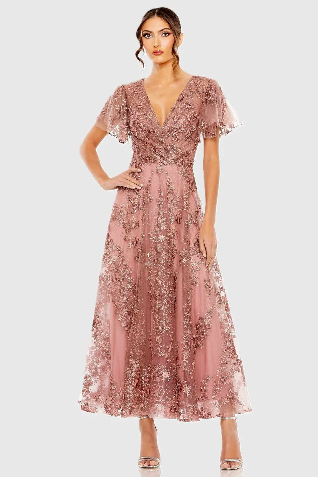 Mac Duggal Style 20486 Pink Embroidered Flutter Sleeve A Line Dress