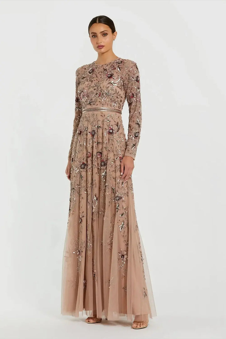 Mac Duggal 10093 Long Sleeve Floral A-line Gown