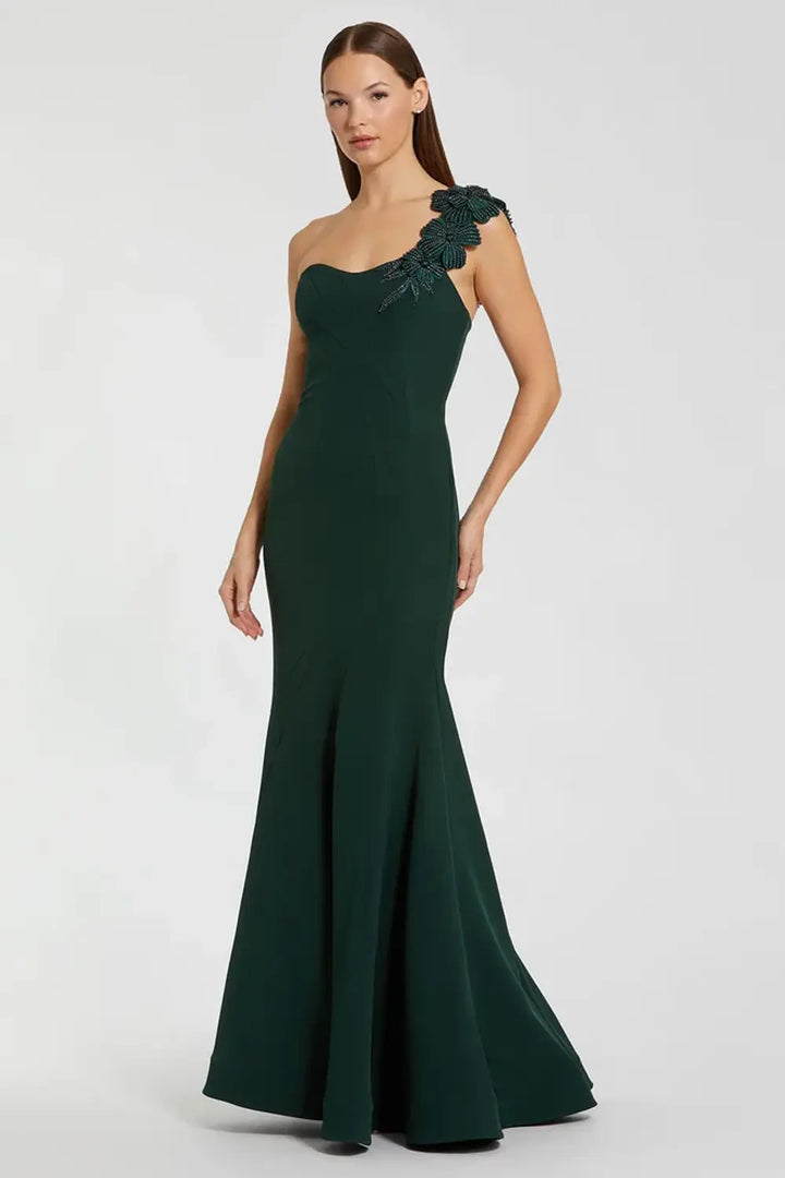 One-Shoulder Crepe Gown with Beaded Floral Accent | Mac Duggal Dress 11851