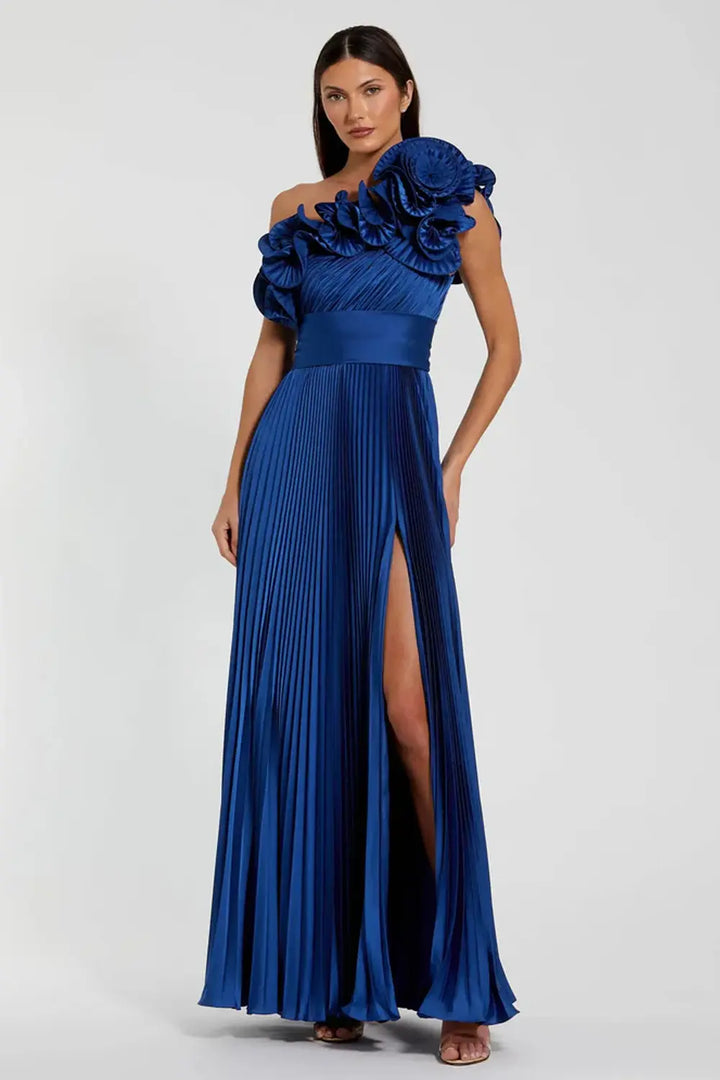 One-Shoulder Charmeuse Gown with Flowing Pleats and Ruffle | Mac Duggal Dress 49902