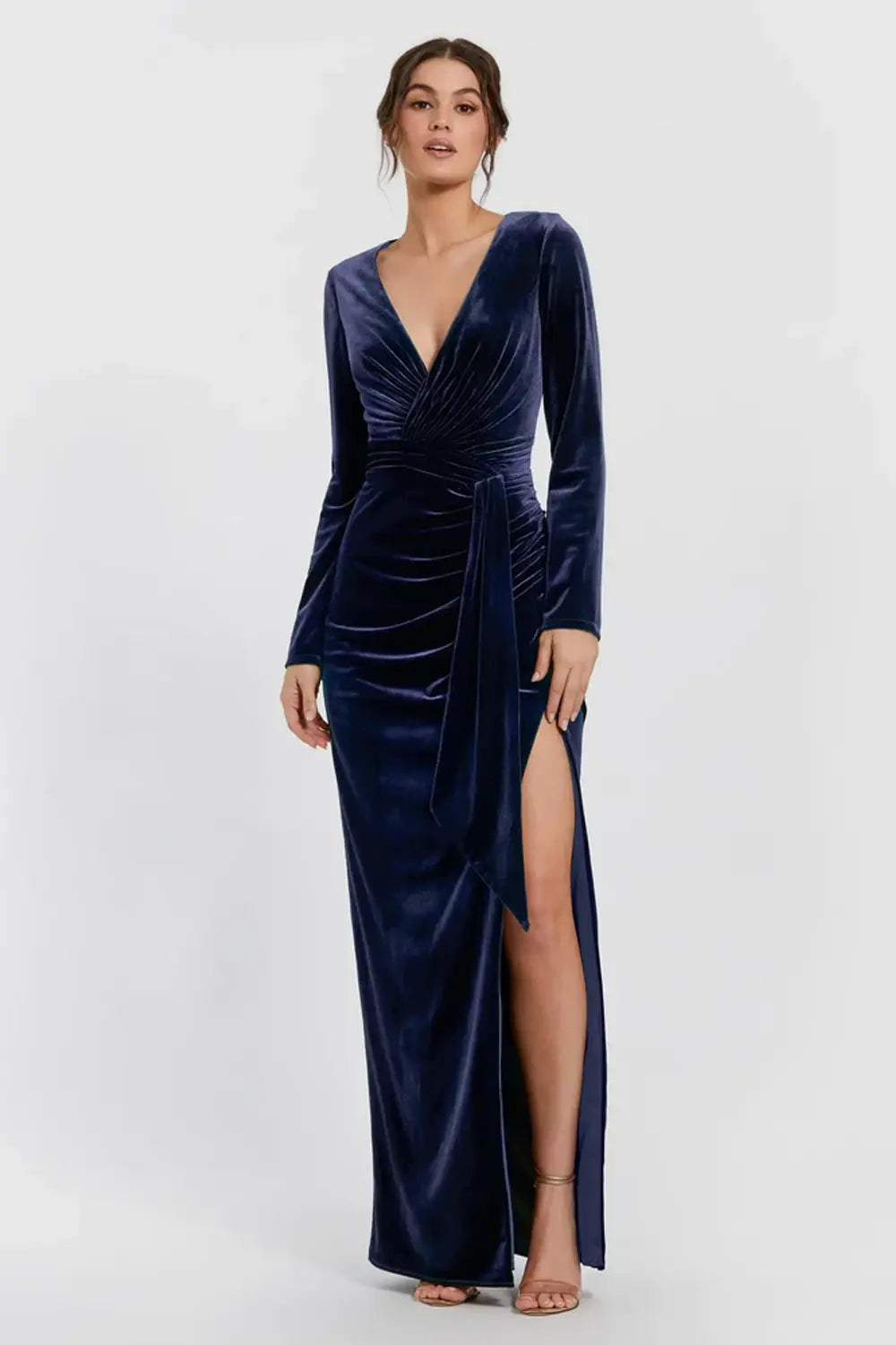 Velvet Column Evening Gown with Ruched Detail | Mac Duggal Dress 56143