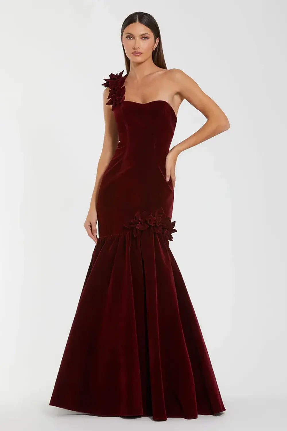 One-Shoulder Velvet Gown with Floral Detail | Mac Duggal Dress 68983