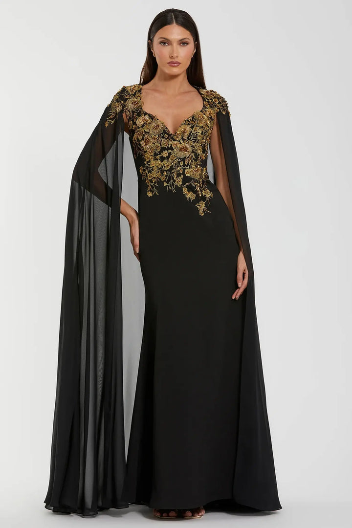 Mac Duggal Style 13206 Embellished Column Gown With Sheer Chiffon Cape Sleeves Dress