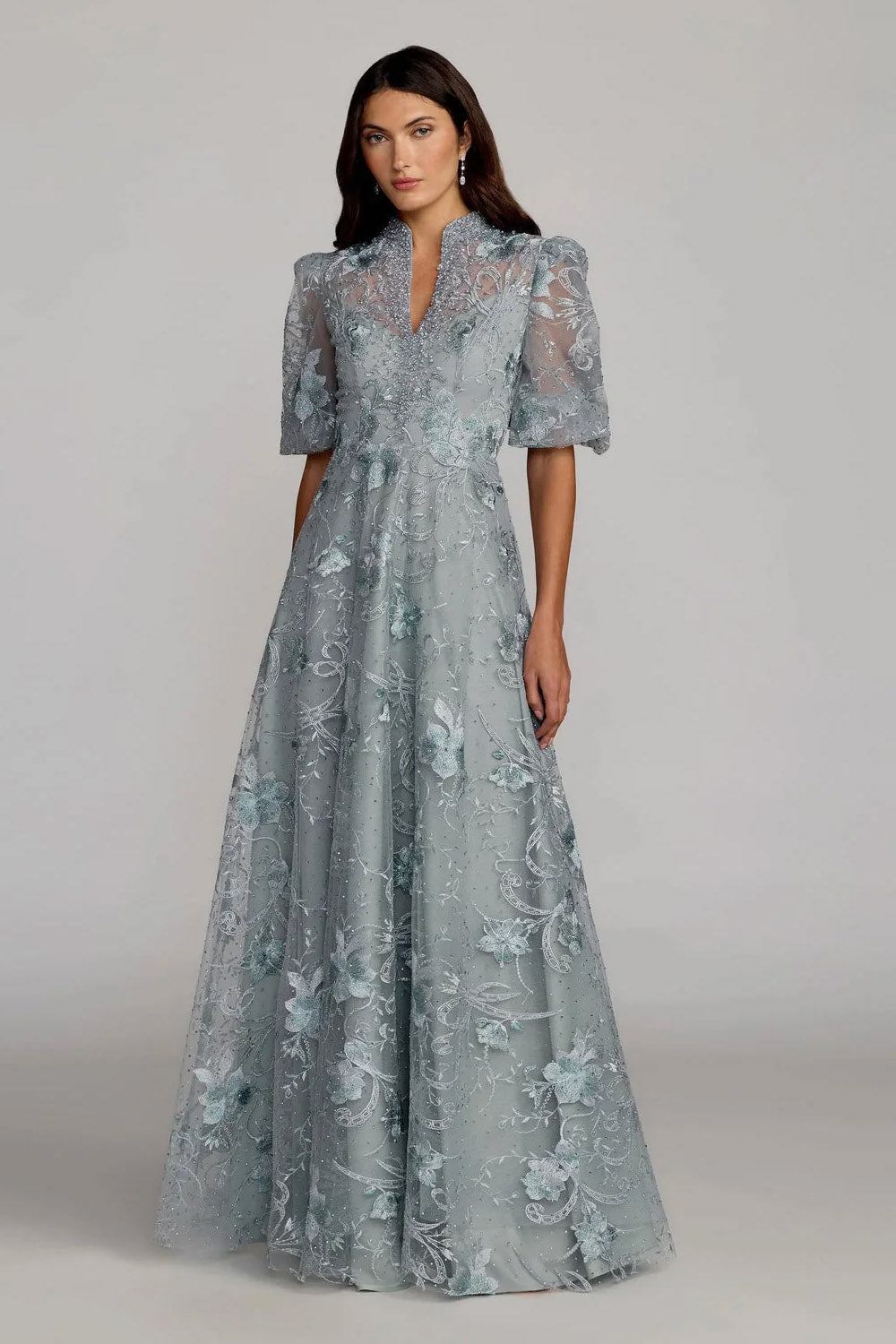 Mac Duggal Style 20452 Puff Sleeve Embroidered A-Line Gown