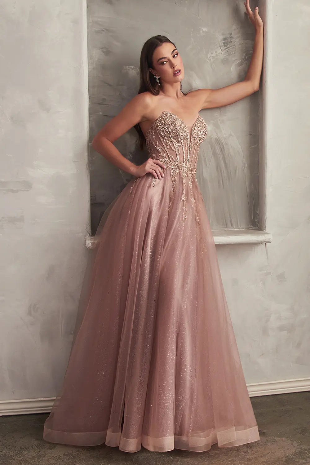 Mocha Gold colour Strapless Layered Tulle Ball Gown | Ladivine CD0230