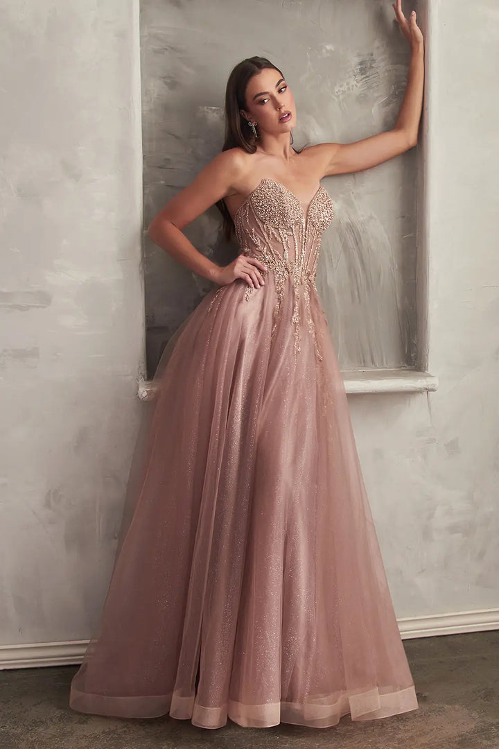 Mocha Gold colour Strapless Layered Tulle Ball Gown | Ladivine CD0230