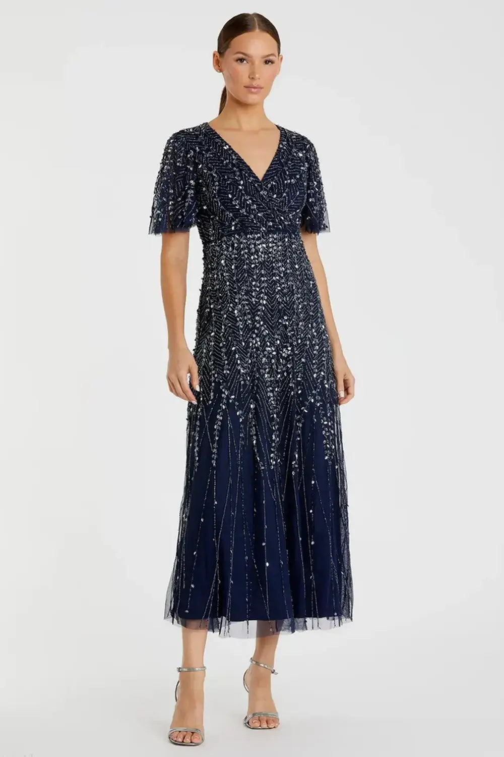 Embellished V-neckline Midi A-line Dress | Mac Duggal Dress 35116