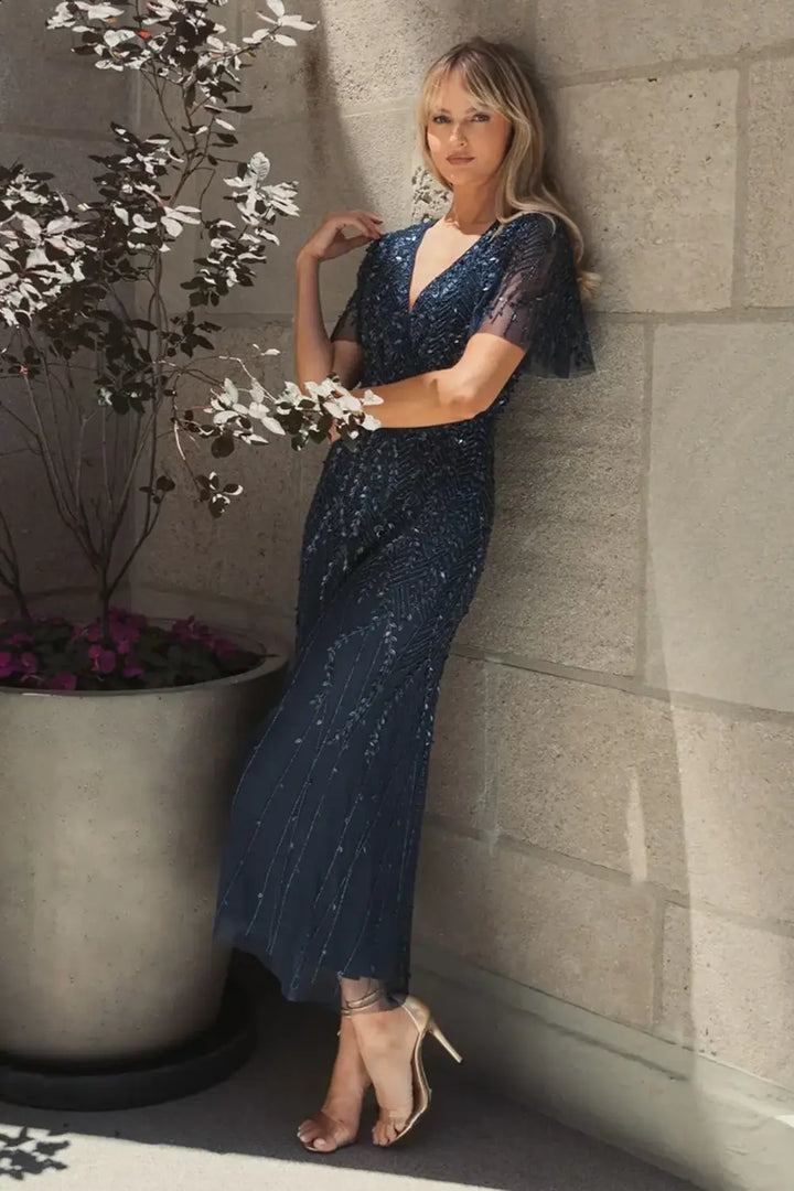 Embellished V-neckline Midi A-line Dress | Mac Duggal Dress 35116