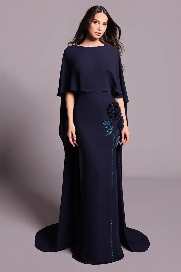 Tarik Ediz 99018 Cannes – Formal Cape Dress in Navy | Morva Couture