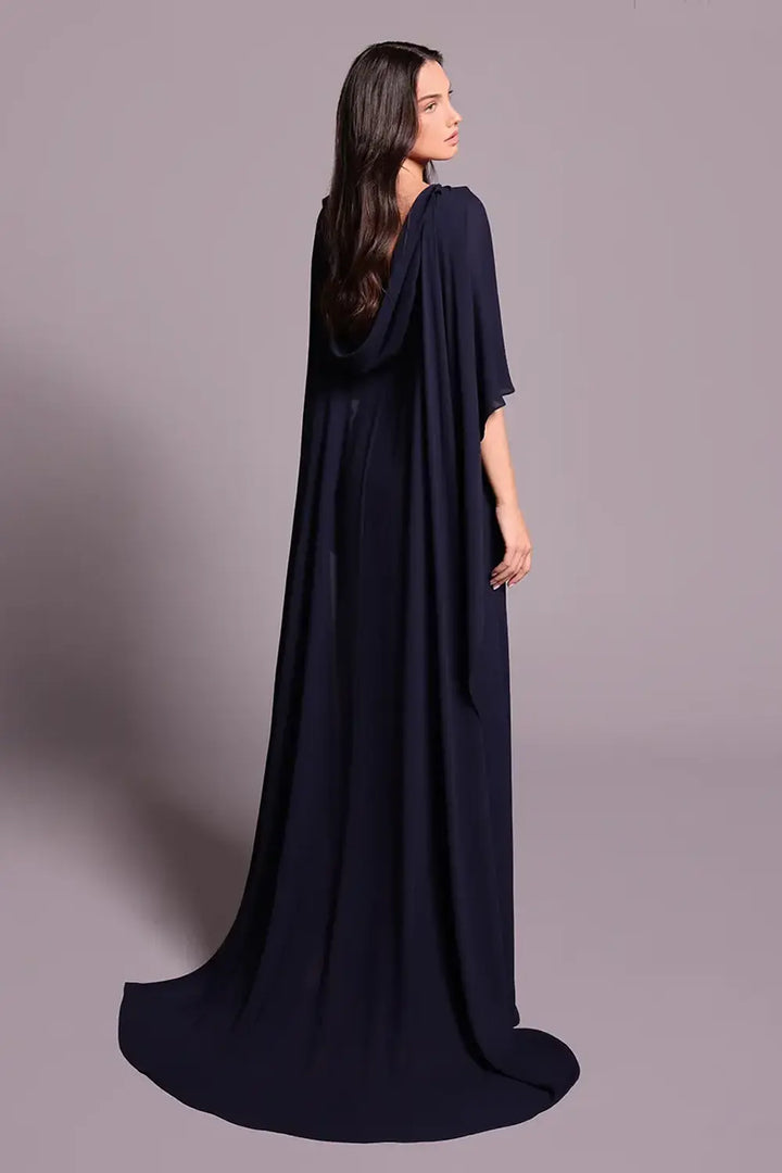 Tarik Ediz 99018 Cannes – Formal Cape Dress in Navy | Morva Couture