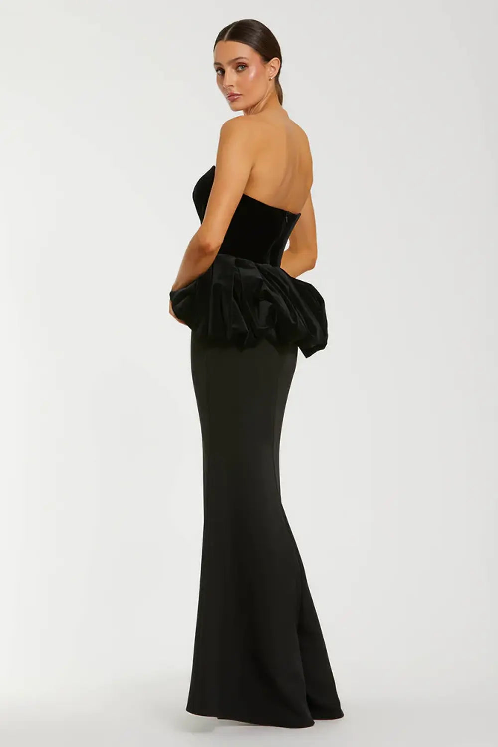 Strapless Black Velvet Peplum Gown | Mac Duggal Dress 21145