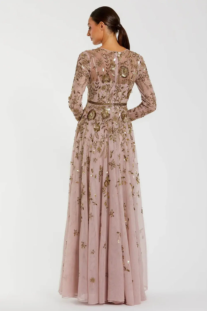 Hand-Embellished Floral Long Sleeve A-Line Gown Mac Duggal Dress 6182