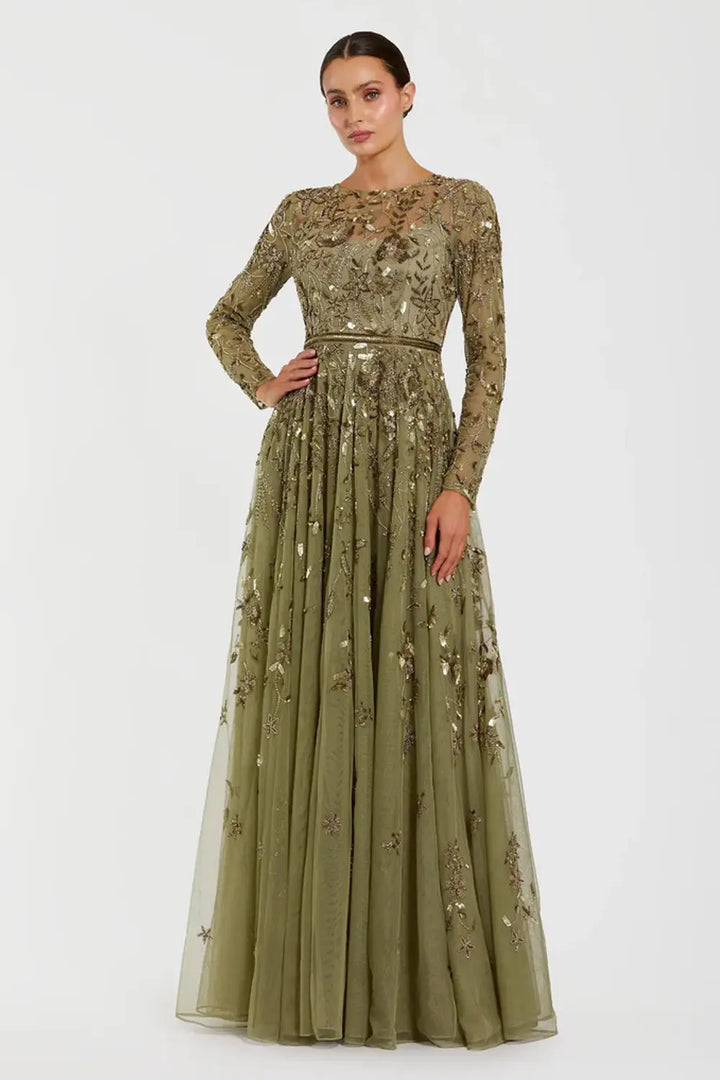 Hand-Embellished Floral Long Sleeve A-Line Gown Mac Duggal Dress 6182