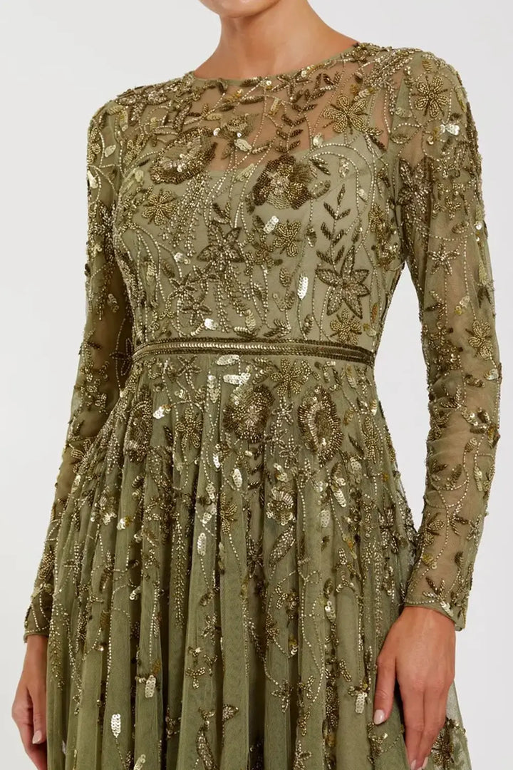 Hand-Embellished Floral Long Sleeve A-Line Gown Mac Duggal Dress 6182