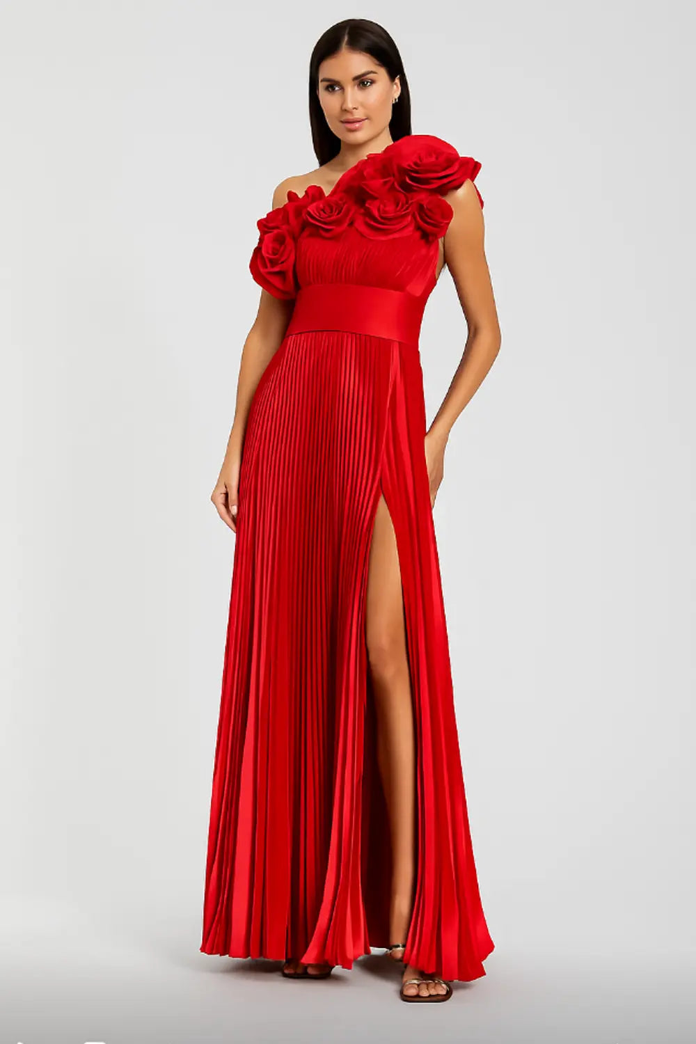 One-Shoulder Charmeuse Gown with Flowing Pleats and Ruffle | Mac Duggal Dress 49902