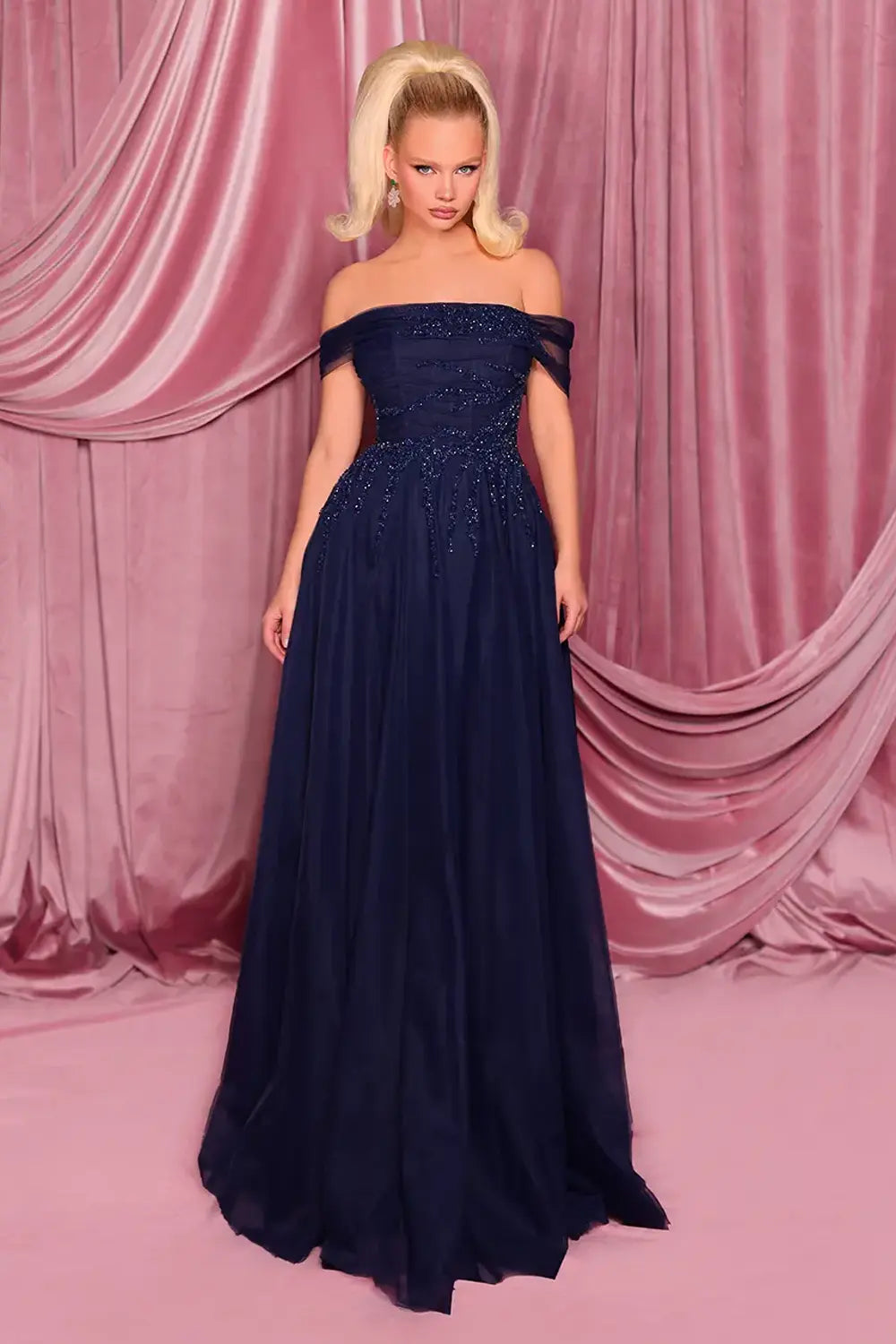 Nicoletta NC3017 Sequin Tulle Off the Shoulder Dress | Morva Couture 