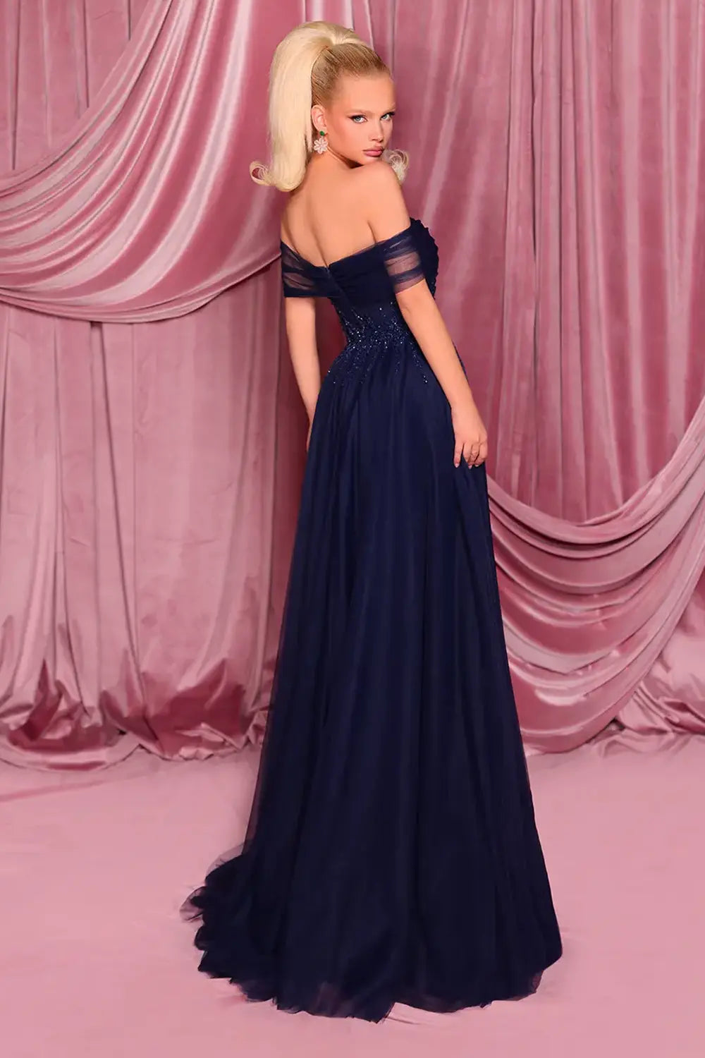 Nicoletta NC3017 Sequin Tulle Off the Shoulder Dress | Morva Couture 