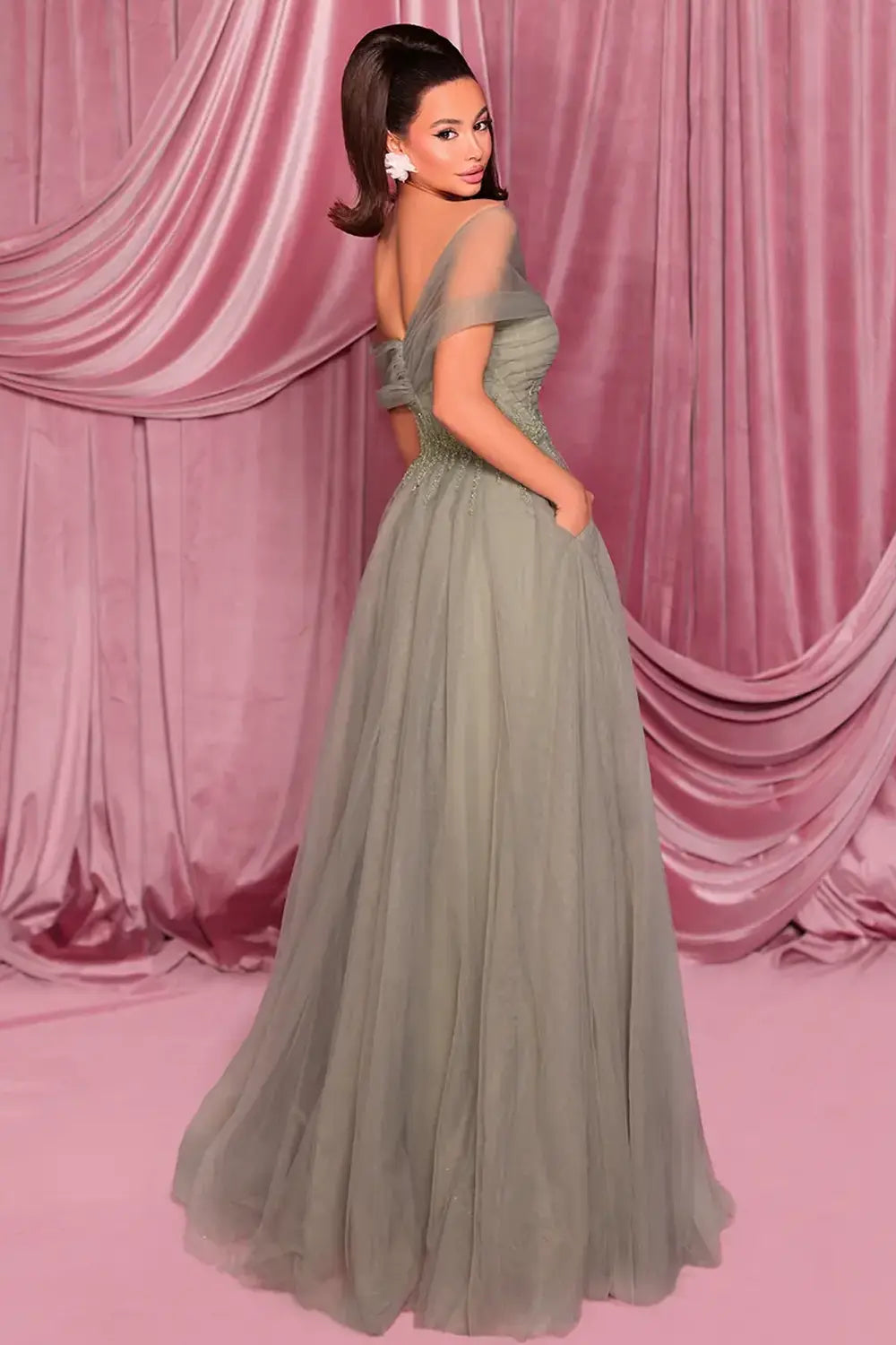 Nicoletta NC3017 Sequin Tulle Off the Shoulder Dress | Morva Couture 