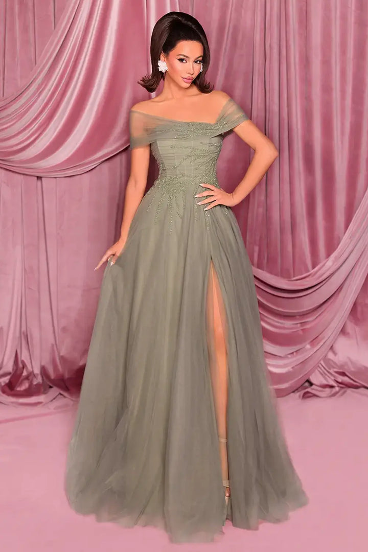 Nicoletta NC3017 Sequin Tulle Off the Shoulder Dress | Morva Couture 