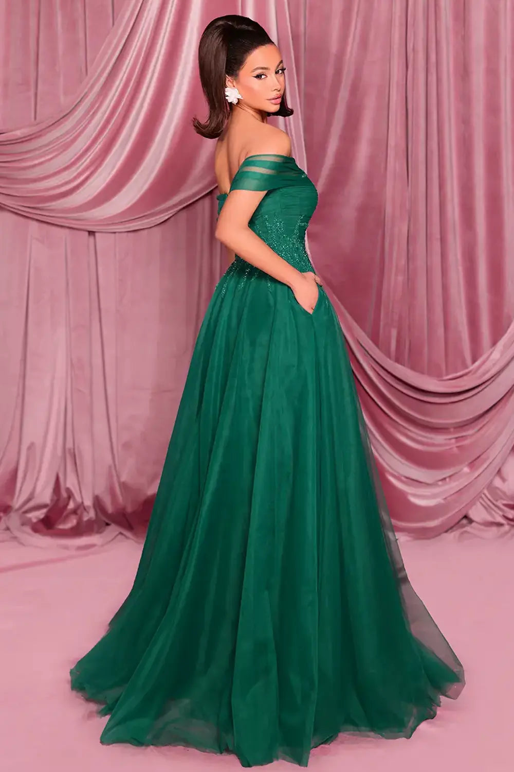 Nicoletta NC3017 Sequin Tulle Off the Shoulder Dress | Morva Couture 