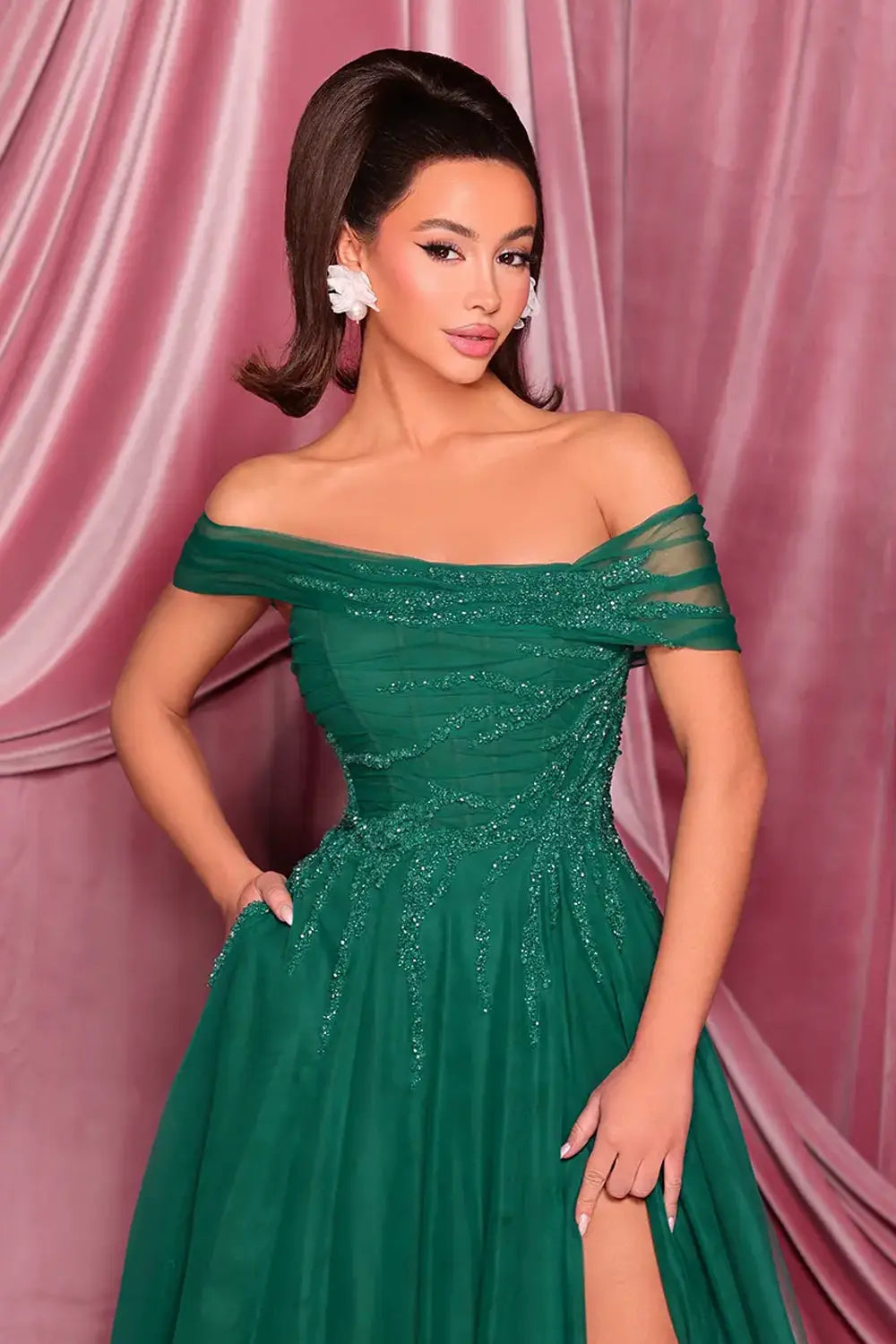Nicoletta NC3017 Sequin Tulle Off the Shoulder Dress | Morva Couture 