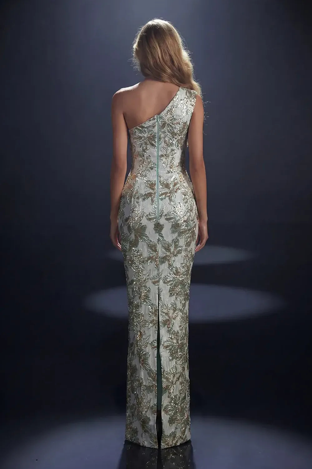 Nicoletta Style NC4014 one shoulder metallic floral brocade fitted evening gown