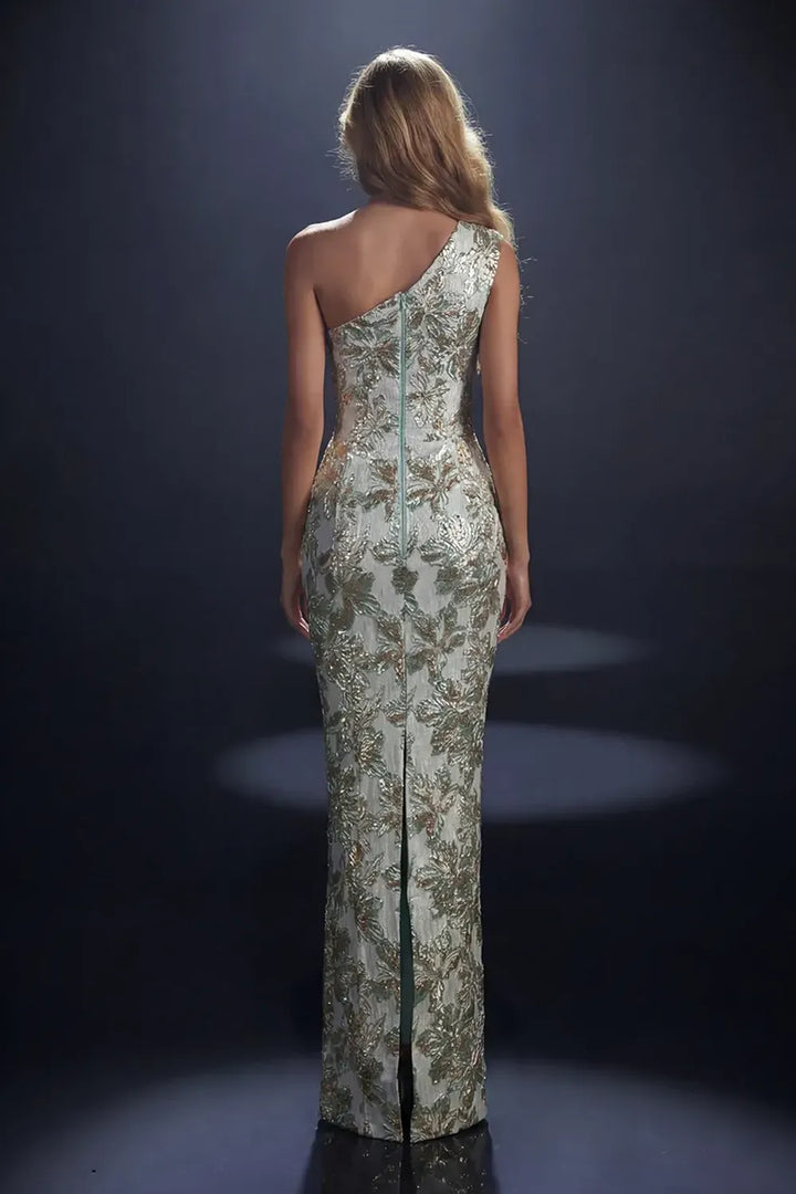 Nicoletta Style NC4014 one shoulder metallic floral brocade fitted evening gown