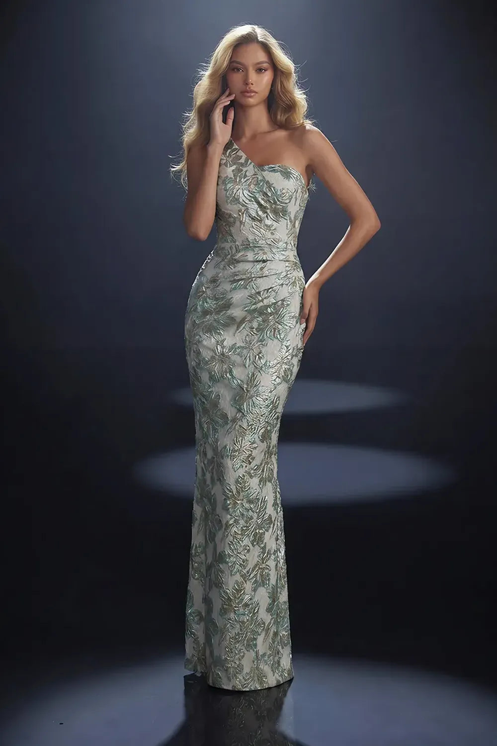 Nicoletta Style NC4014 one shoulder metallic floral brocade fitted evening gown