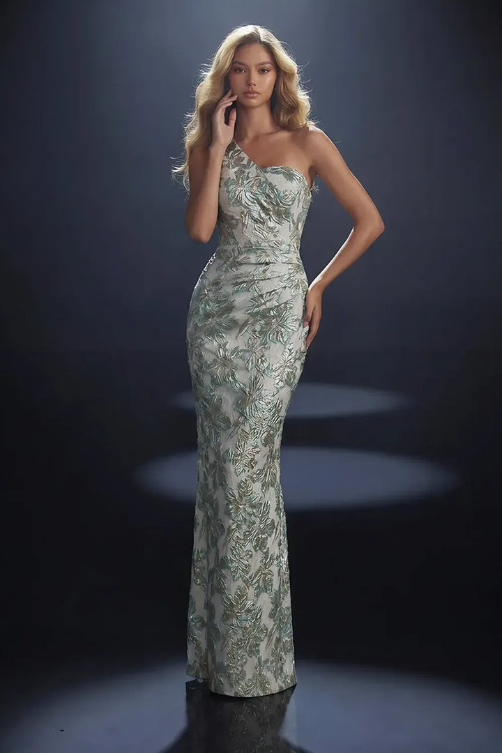 Nicoletta Style NC4014 one shoulder metallic floral brocade fitted evening gown