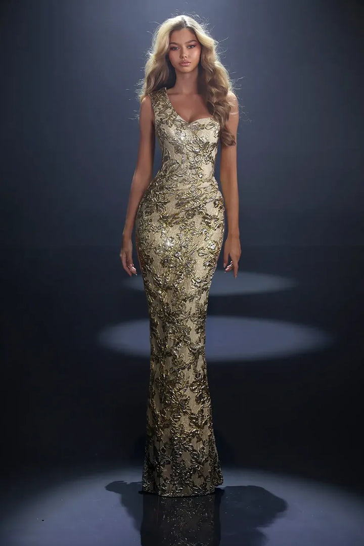 Nicoletta Style NC4014 one shoulder metallic floral brocade fitted evening gown