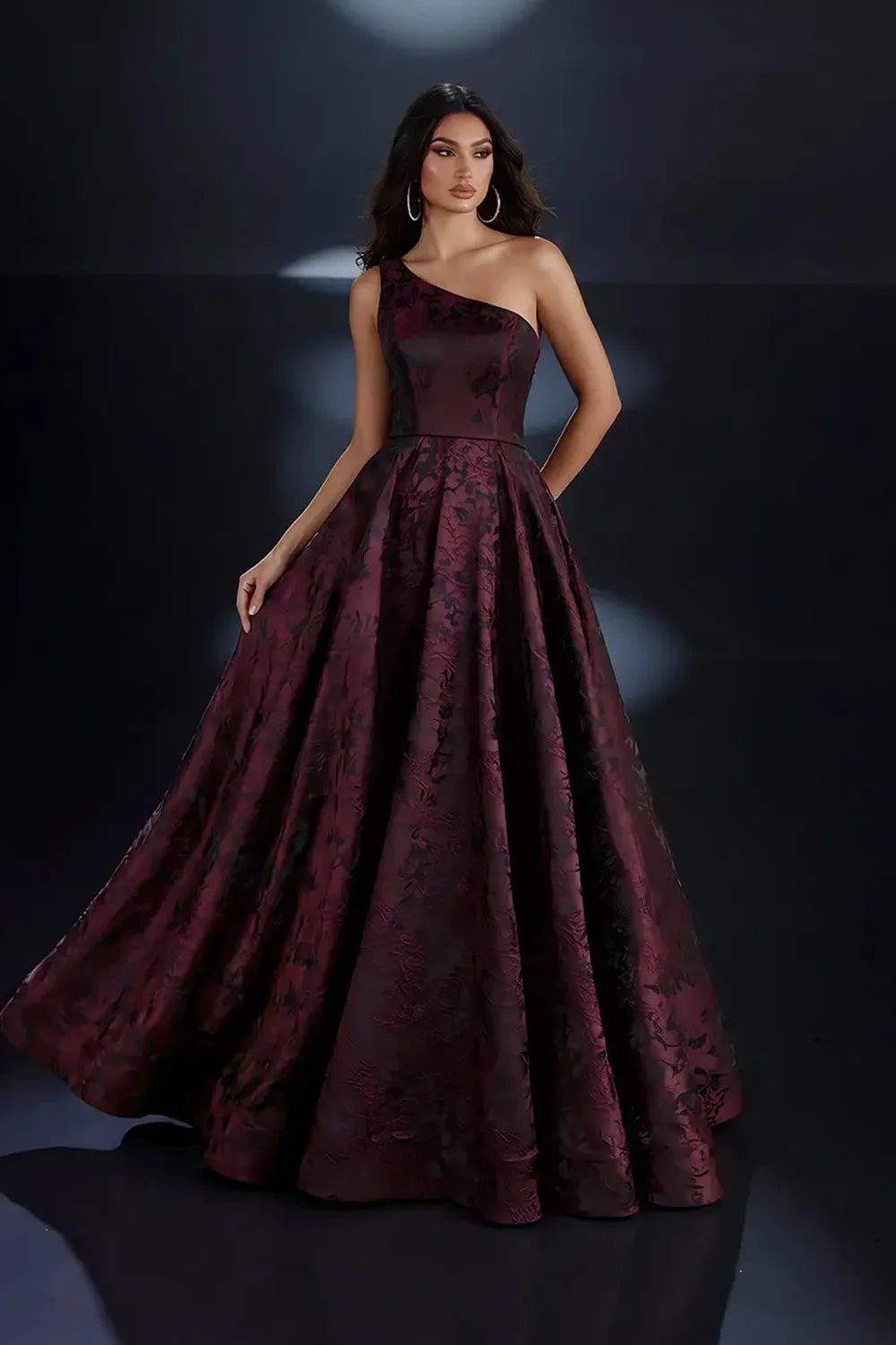 Nicoletta NC4017 one shoulder brocade A line ball gown with full floor length skirt