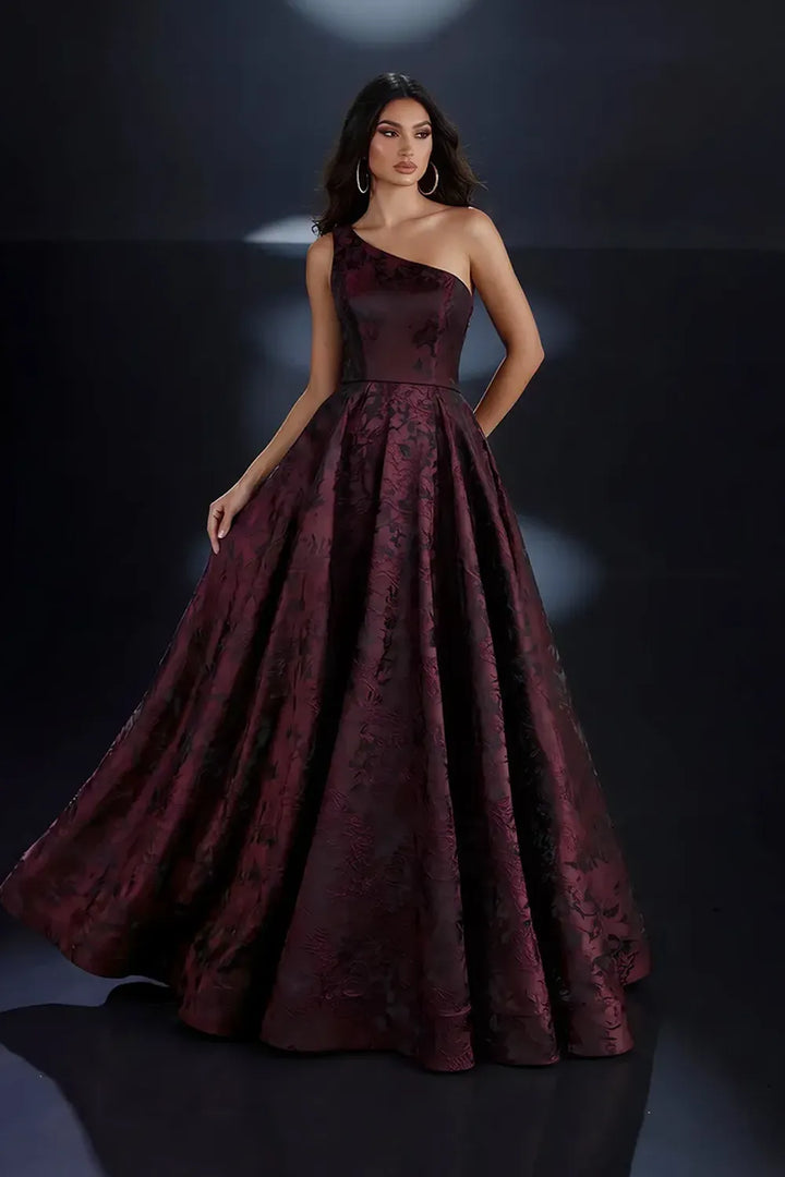Nicoletta NC4017 one shoulder brocade A line ball gown with full floor length skirt