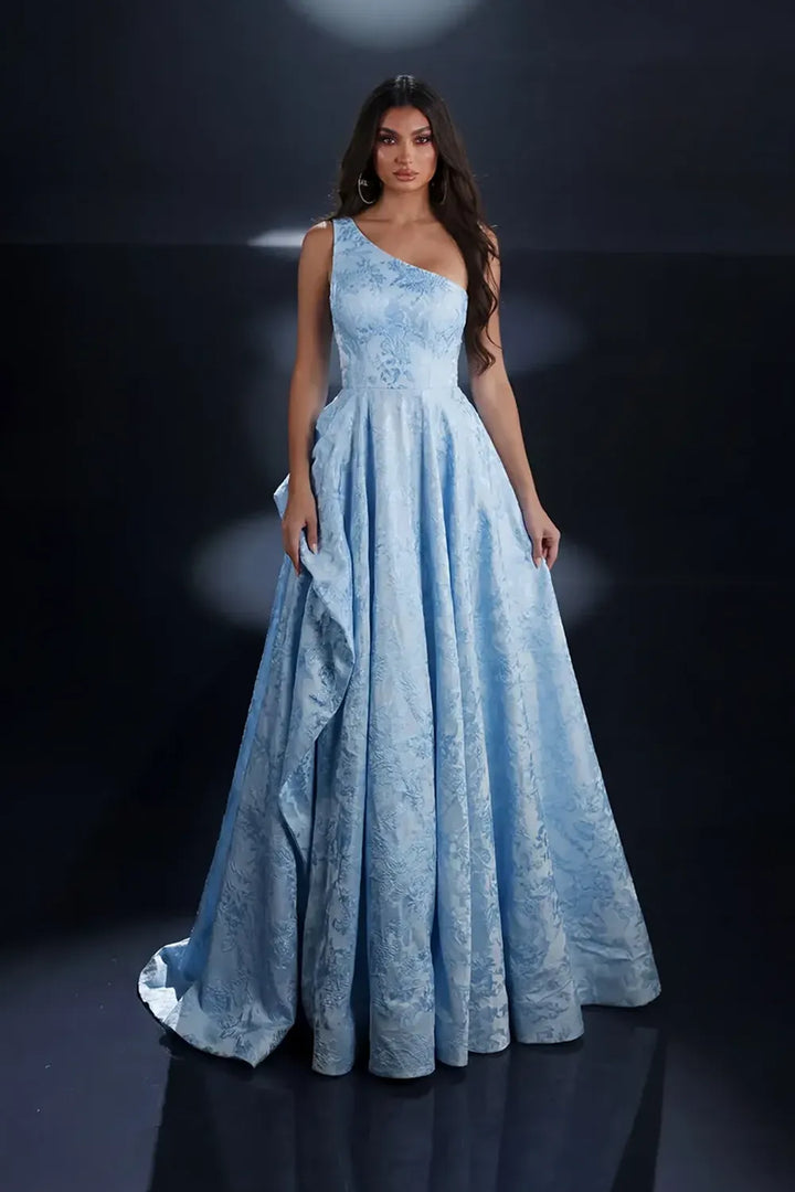 Nicoletta NC4017 one shoulder brocade A line ball gown with full floor length skirt