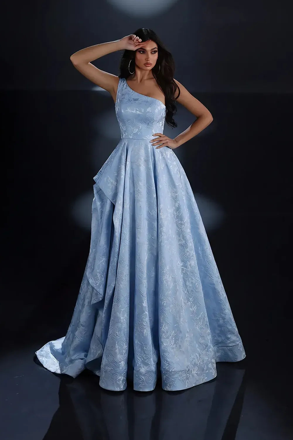 Nicoletta NC4017 one shoulder brocade A line ball gown with full floor length skirt