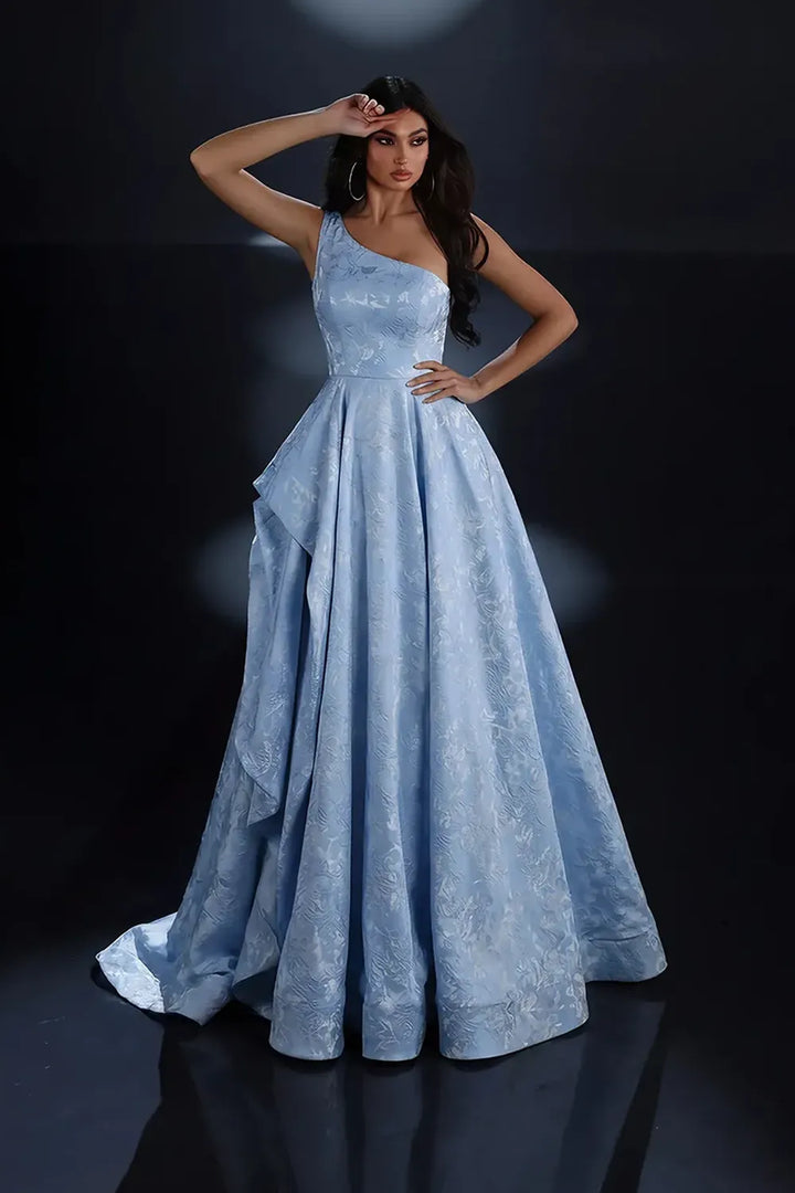 Nicoletta NC4017 one shoulder brocade A line ball gown with full floor length skirt