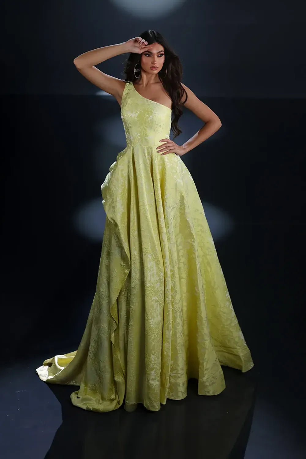 Nicoletta NC4017 one shoulder brocade A line ball gown with full floor length skirt