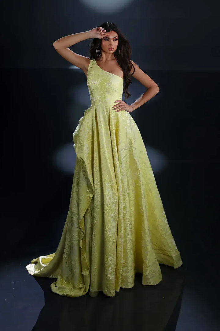 Nicoletta NC4017 one shoulder brocade A line ball gown with full floor length skirt