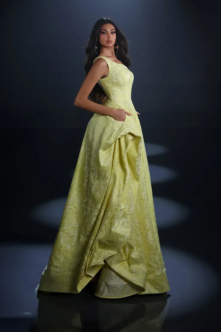 Nicoletta NC4017 one shoulder brocade A line ball gown with full floor length skirt