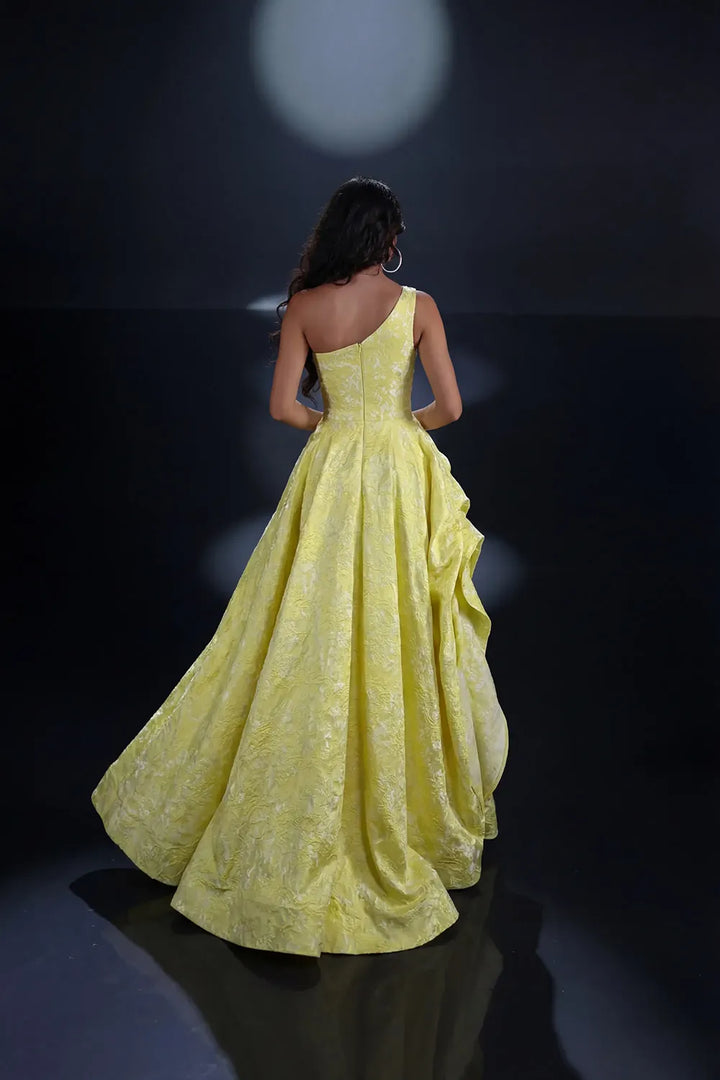 Nicoletta NC4017 one shoulder brocade A line ball gown with full floor length skirt