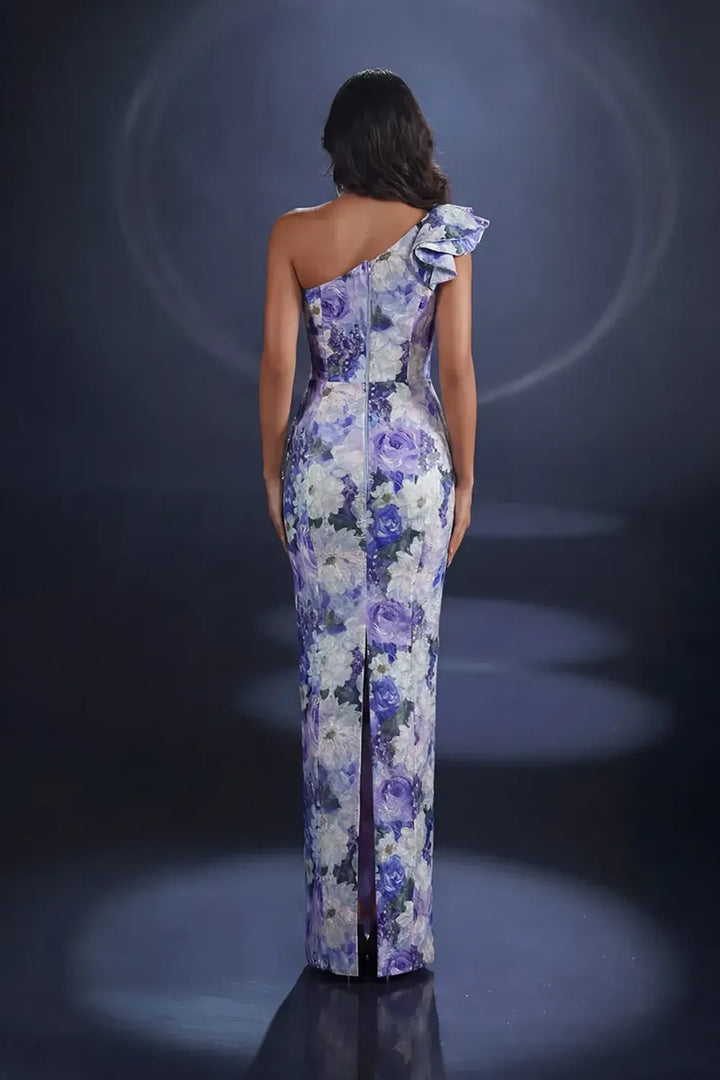 icoletta NC4018 one shoulder floral print fitted evening gown with ruffle shoulder detail